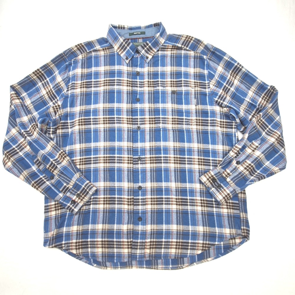 Woolrich Trout Run Shirt Mens XL Blue Plaid Flannel Cotton Long Sleeve Outdoor